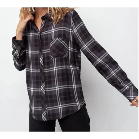 RAILS REVOLVE Hunter Long Sleeve Button Up Plaid Shirt in Onyx Slate White S - Picture 1 of 5